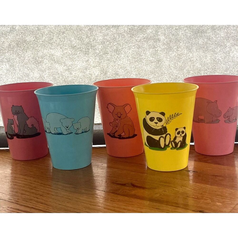 Vintage Set of 5 Reusable Animal Plastic Tumblers Kids Cups Retro Drinkware